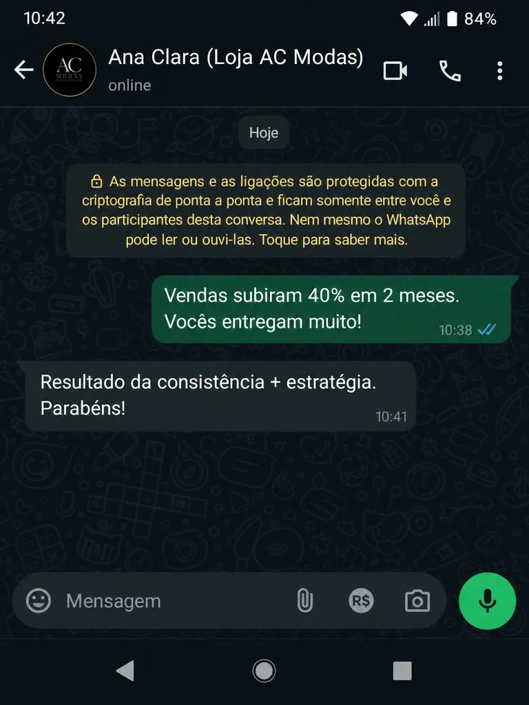 Print de conversa no WhatsApp com o cliente Nutri Performance